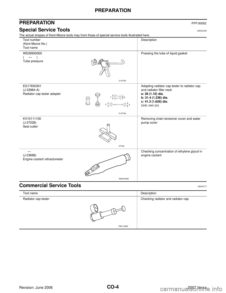 NISSAN VERSA 2006  Workshop  Service Repair Manual CO-4Revision: June 2006
PREPARATION
2007 Versa
PREPARATIONPFP:00002
Special Service ToolsEBS00U8D
The actual shapes of Kent-Moore tools may from those of special service tools illustrated here.
Commer