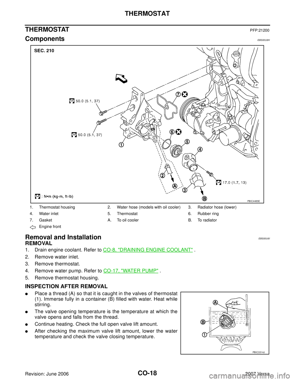 NISSAN VERSA 2006  Workshop  Service Repair Manual CO-18Revision: June 2006
THERMOSTAT
2007 Versa
THERMOSTATPFP:21200
ComponentsEBS00U6H
Removal and InstallationEBS00U6I
REMOVAL
1. Drain engine coolant. Refer to CO-8, "DRAINING ENGINE COOLANT" .
2. Re