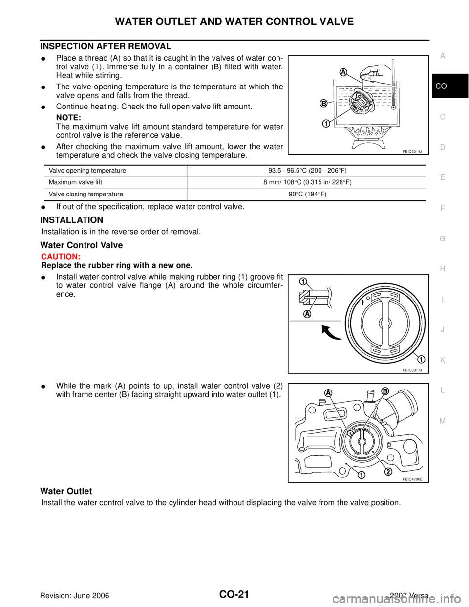 NISSAN VERSA 2006  Workshop  Service Repair Manual WATER OUTLET AND WATER CONTROL VALVE
CO-21
C
D
E
F
G
H
I
J
K
L
MA
CO
Revision: June 20062007 Versa
INSPECTION AFTER REMOVAL
Place a thread (A) so that it is caught in the valves of water con-
trol va