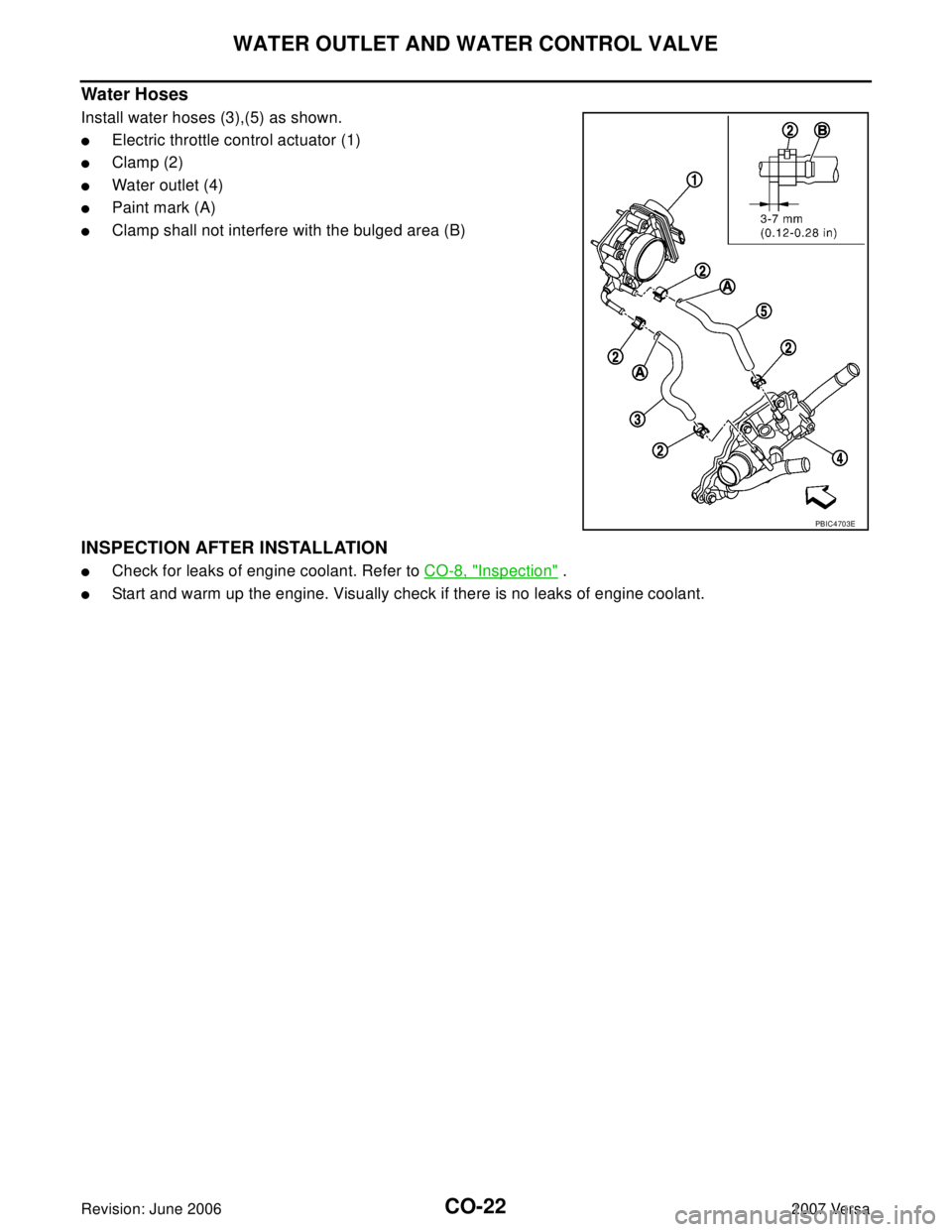 NISSAN VERSA 2006  Workshop  Service Repair Manual CO-22Revision: June 2006
WATER OUTLET AND WATER CONTROL VALVE
2007 Versa
Water H oses
Install water hoses (3),(5) as shown.
Electric throttle control actuator (1)
Clamp (2)
Water outlet (4)
Paint 