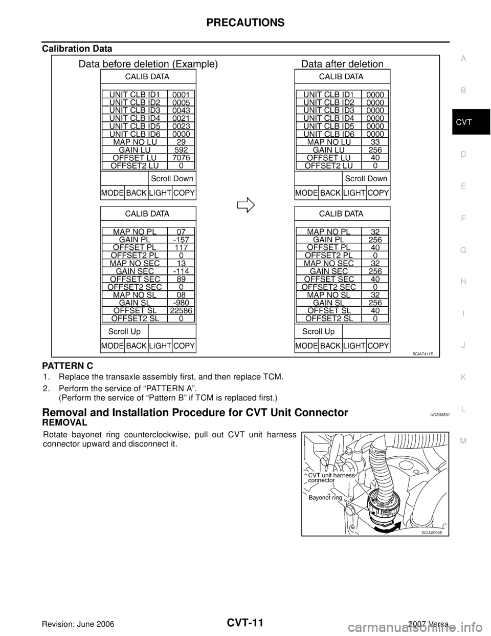 NISSAN VERSA 2006 Workshop Service Repair Manual PRECAUTIONS
CVT-11
D
E
F
G
H
I
J
K
L
MA
B
CVT
Revision: June 20062007 Versa
Calibration Data
PATTERN C
1. Replace the transaxle assembly first, and then replace TCM.
2. Perform the service of “PATTE NISSAN VERSA 2006 Workshop Service Repair Manual PRECAUTIONS
CVT-11
D
E
F
G
H
I
J
K
L
MA
B
CVT
Revision: June 20062007 Versa
Calibration Data
PATTERN C
1. Replace the transaxle assembly first, and then replace TCM.
2. Perform the service of “PATTE