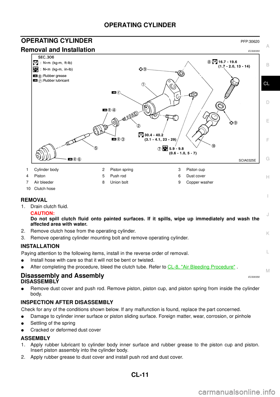 NISSAN X-TRAIL 2003  Electronic Repair Manual OPERATING CYLINDER
CL-11
D
E
F
G
H
I
J
K
L
MA
B
CL
OPERATING CYLINDERPFP:30620
Removal and InstallationECS00355
REMOVAL
1. Drainclutchfluid.
CAUTION:
Do not spill clutch fluid onto painted surfaces. I