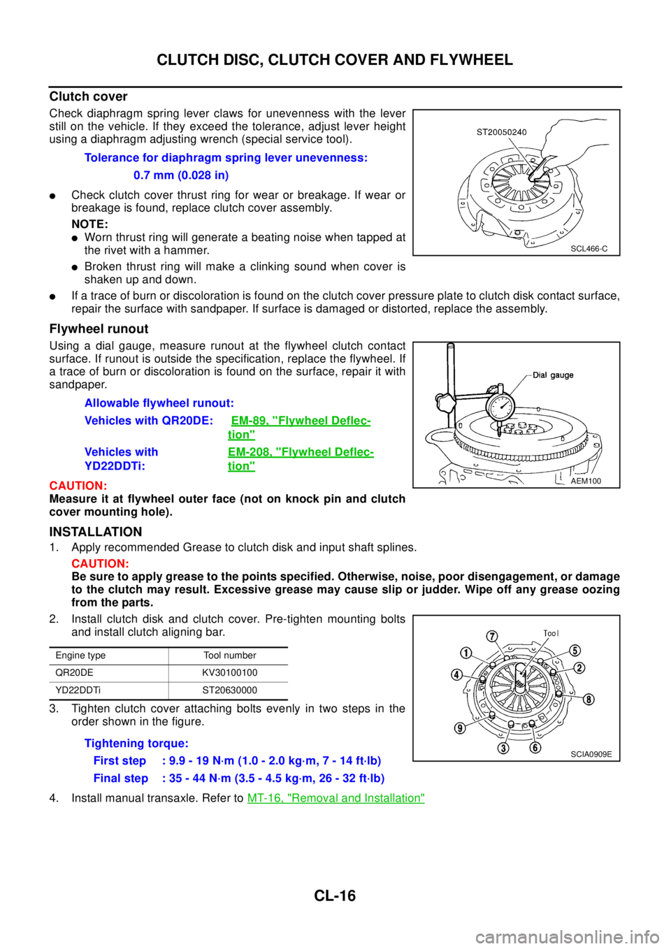 NISSAN X-TRAIL 2003  Electronic Repair Manual CL-16
CLUTCH DISC, CLUTCH COVER AND FLYWHEEL
Clutch cover
Check diaphragm spring lever claws for unevenness with the lever
still on the vehicle. If they exceed the tolerance, adjust lever height
using
