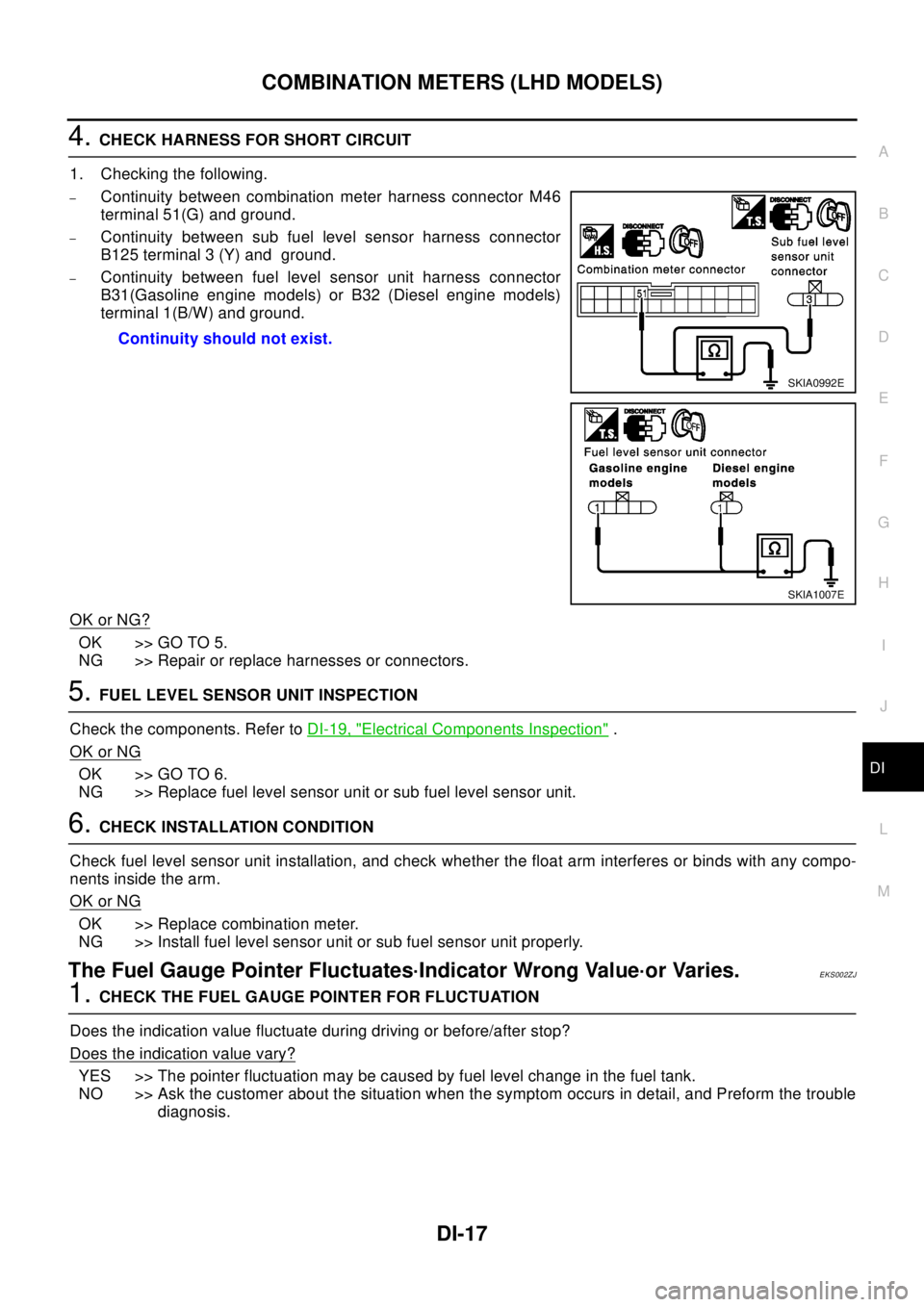 NISSAN X-TRAIL 2003  Electronic Repair Manual COMBINATION METERS (LHD MODELS)
DI-17
C
D
E
F
G
H
I
J
L
MA
B
DI
4.CHECK HARNESS FOR SHORT CIRCUIT
1. Checking the following.
–Continuity between combination meter harness connector M46
terminal 51(G