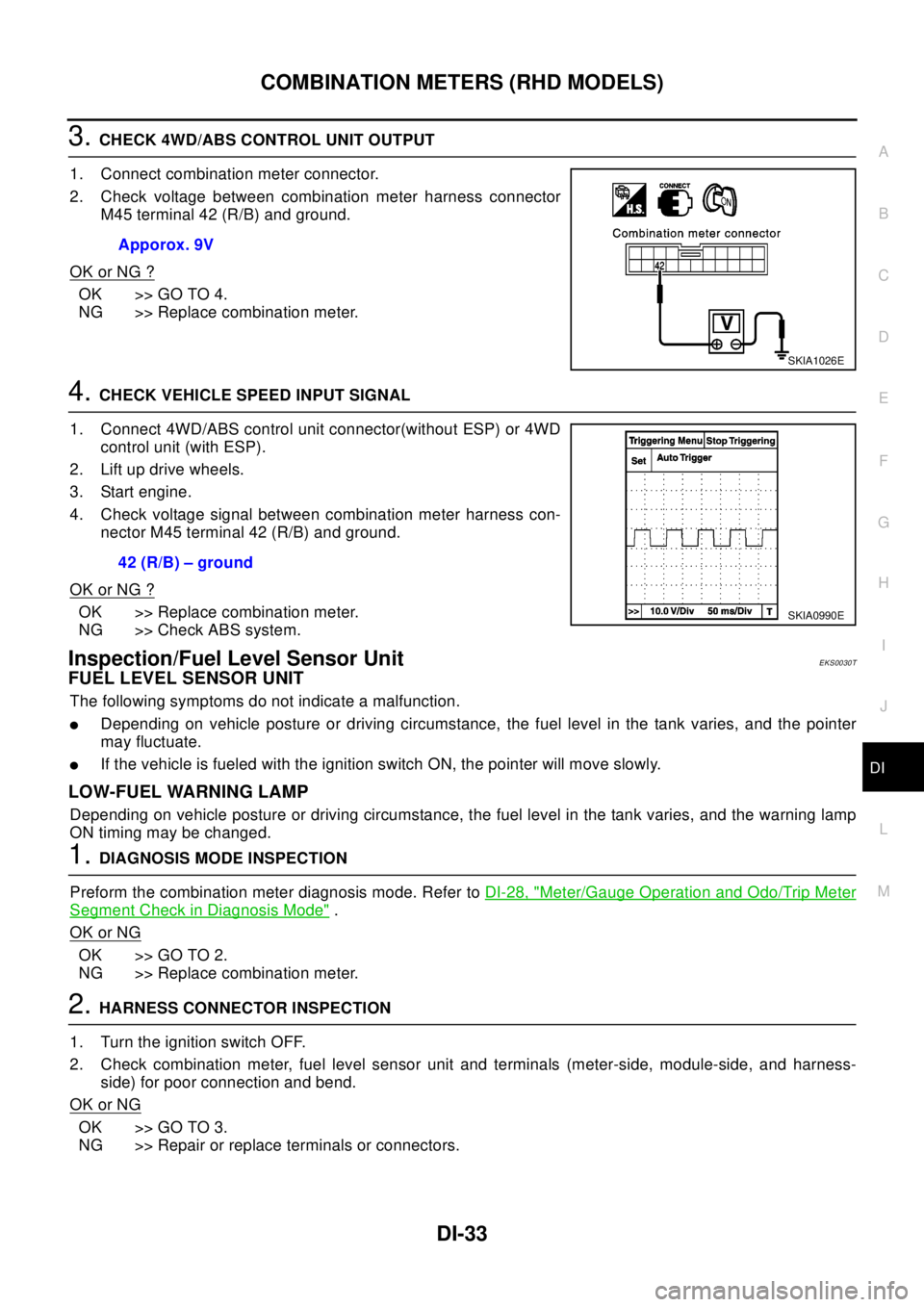 NISSAN X-TRAIL 2003  Electronic Repair Manual COMBINATION METERS (RHD MODELS)
DI-33
C
D
E
F
G
H
I
J
L
MA
B
DI
3.CHECK 4WD/ABS CONTROL UNIT OUTPUT
1. Connect combination meter connector.
2. Check voltage between combination meter harness connector