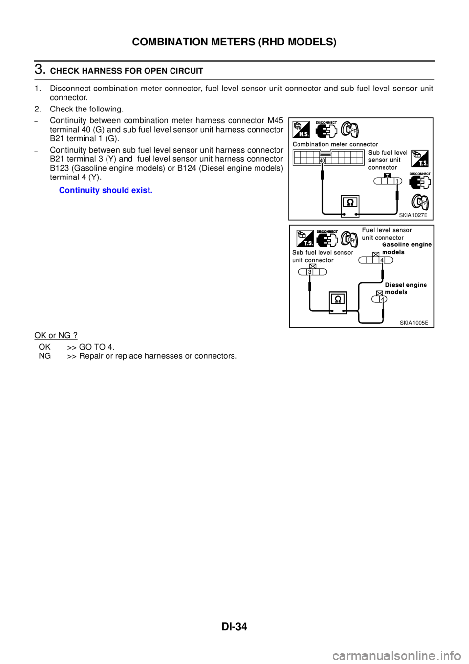 NISSAN X-TRAIL 2003  Electronic Repair Manual DI-34
COMBINATION METERS (RHD MODELS)
3.CHECK HARNESS FOR OPEN CIRCUIT
1. Disconnect combination meter connector, fuel level sensor unit connector and sub fuel level sensor unit
connector.
2. Check th