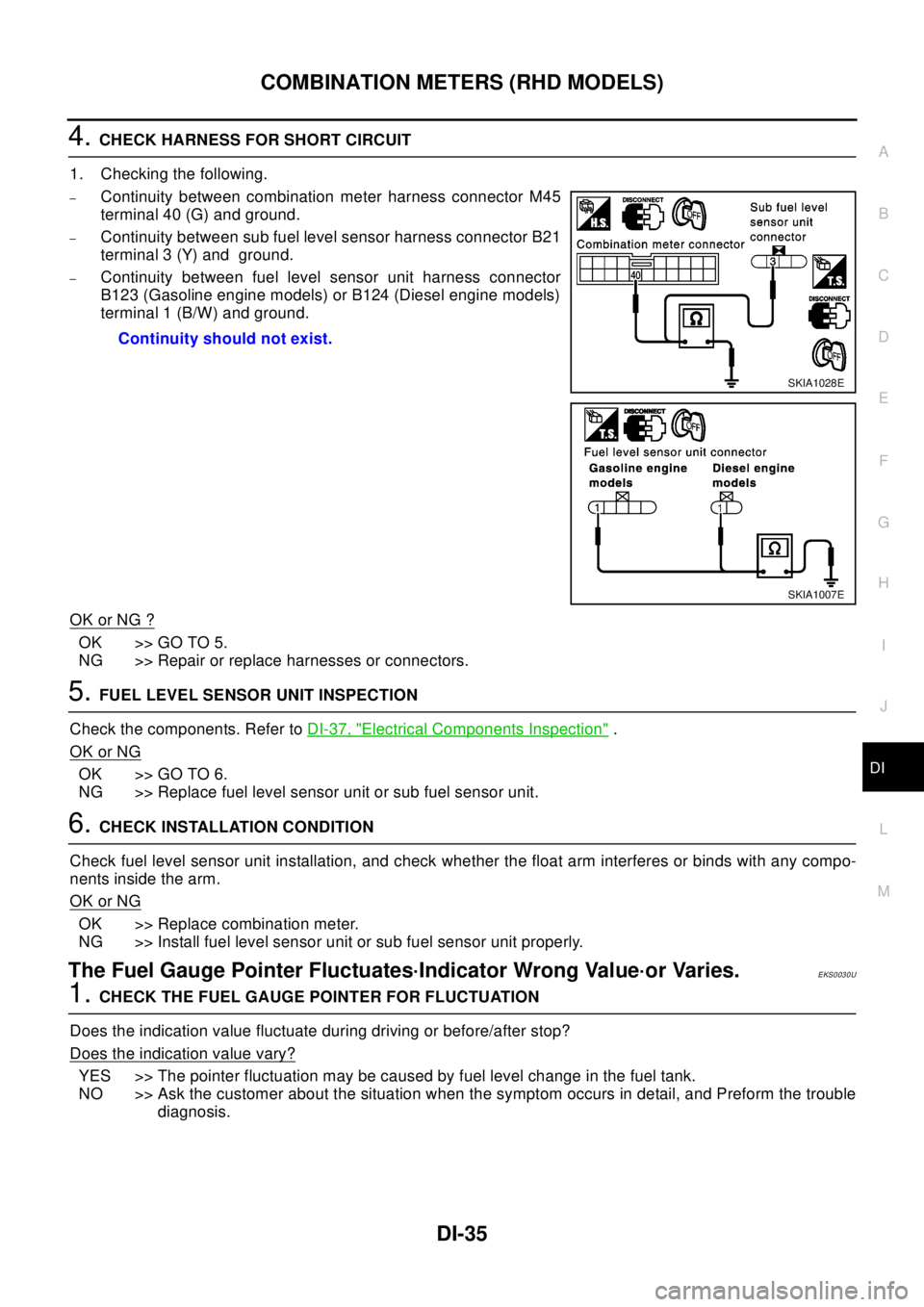 NISSAN X-TRAIL 2003  Electronic Repair Manual COMBINATION METERS (RHD MODELS)
DI-35
C
D
E
F
G
H
I
J
L
MA
B
DI
4.CHECK HARNESS FOR SHORT CIRCUIT
1. Checking the following.
–Continuity between combination meter harness connector M45
terminal 40 (