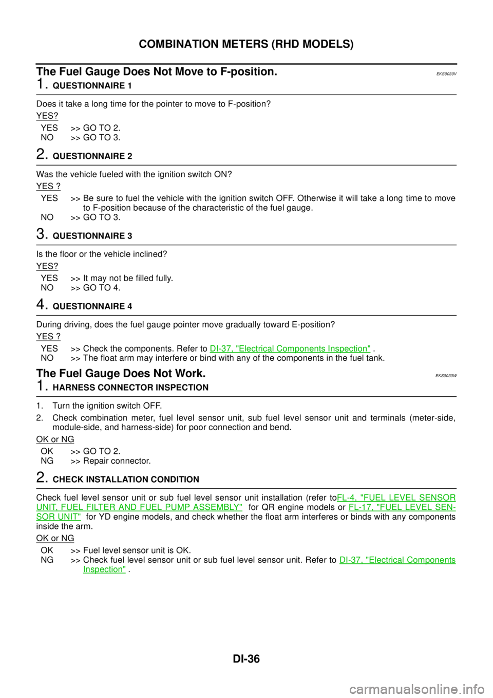 NISSAN X-TRAIL 2003 Electronic Owners Manual DI-36
COMBINATION METERS (RHD MODELS)
The Fuel Gauge Does Not Move to F-position.
EKS0030V
1.QUESTIONNAIRE 1
Does it take a long time for the pointer to move to F-position?
YES?
YES >> GO TO 2.
NO >> NISSAN X-TRAIL 2003 Electronic Owners Manual DI-36
COMBINATION METERS (RHD MODELS)
The Fuel Gauge Does Not Move to F-position.
EKS0030V
1.QUESTIONNAIRE 1
Does it take a long time for the pointer to move to F-position?
YES?
YES >> GO TO 2.
NO >>