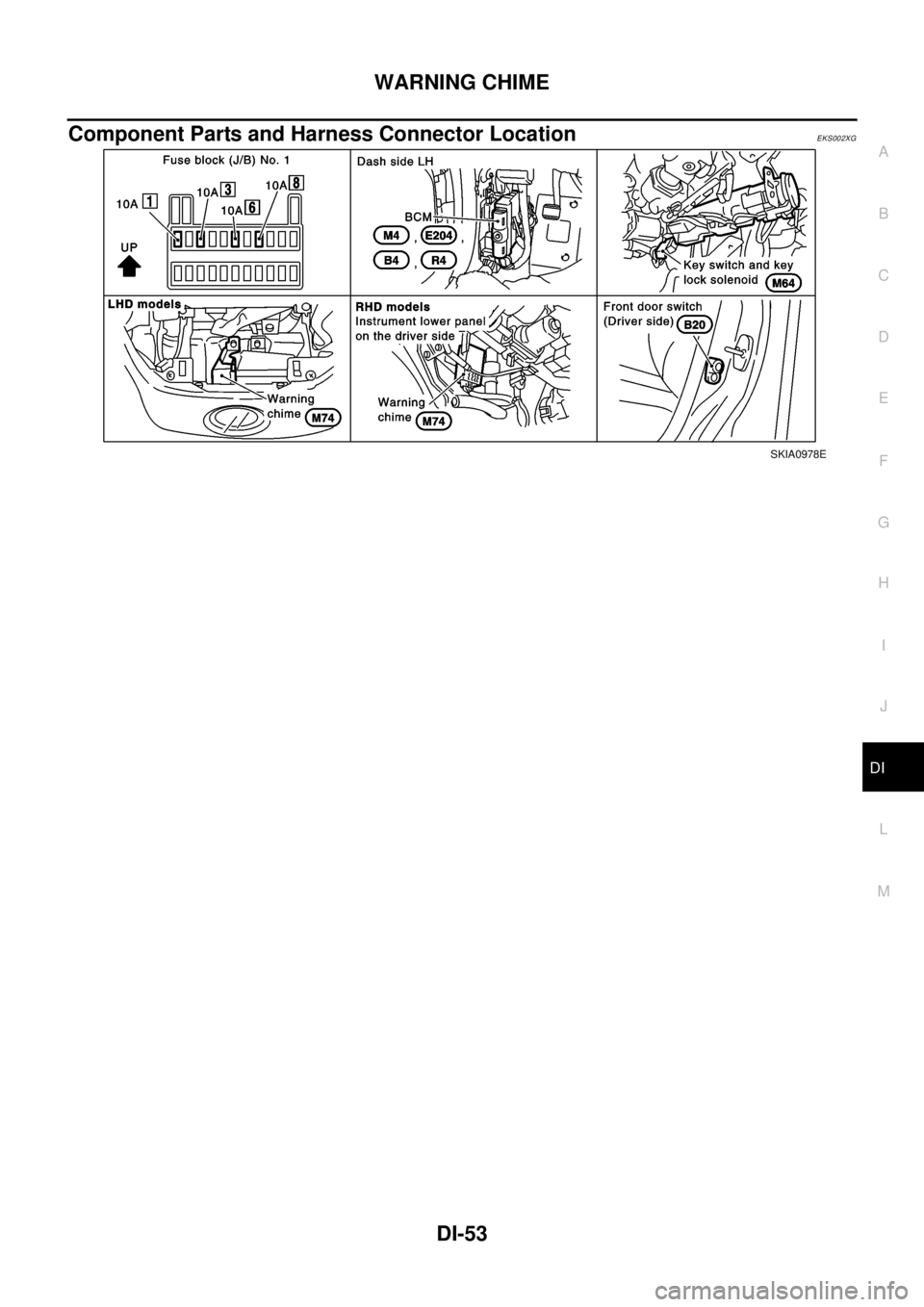 NISSAN X-TRAIL 2003  Electronic Repair Manual WARNING CHIME
DI-53
C
D
E
F
G
H
I
J
L
MA
B
DI
Component Parts and Harness Connector LocationEKS002XG
SKIA0978E 
