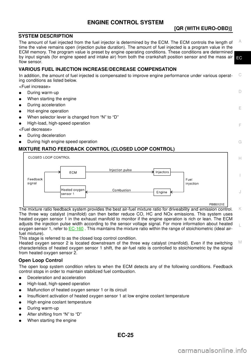 NISSAN X-TRAIL 2003  Electronic Repair Manual ENGINE CONTROL SYSTEM
EC-25
[QR (WITH EURO-OBD)]
C
D
E
F
G
H
I
J
K
L
MA
EC
SYSTEM DESCRIPTION
The amount of fuel injected from the fuel injector is determined by the ECM. The ECM controls the length o
