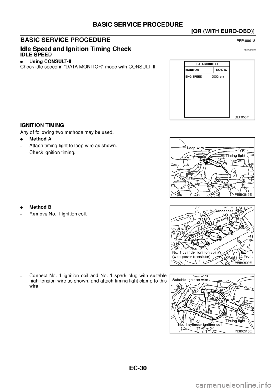 NISSAN X-TRAIL 2003  Electronic Repair Manual EC-30
[QR (WITH EURO-OBD)]
BASIC SERVICE PROCEDURE
BASIC SERVICE PROCEDURE
PFP:00018
Idle Speed and Ignition Timing CheckEBS00B0W
IDLE SPEED
lUsing CONSULT-II
Check idle speed in “DATA MONITOR” mo