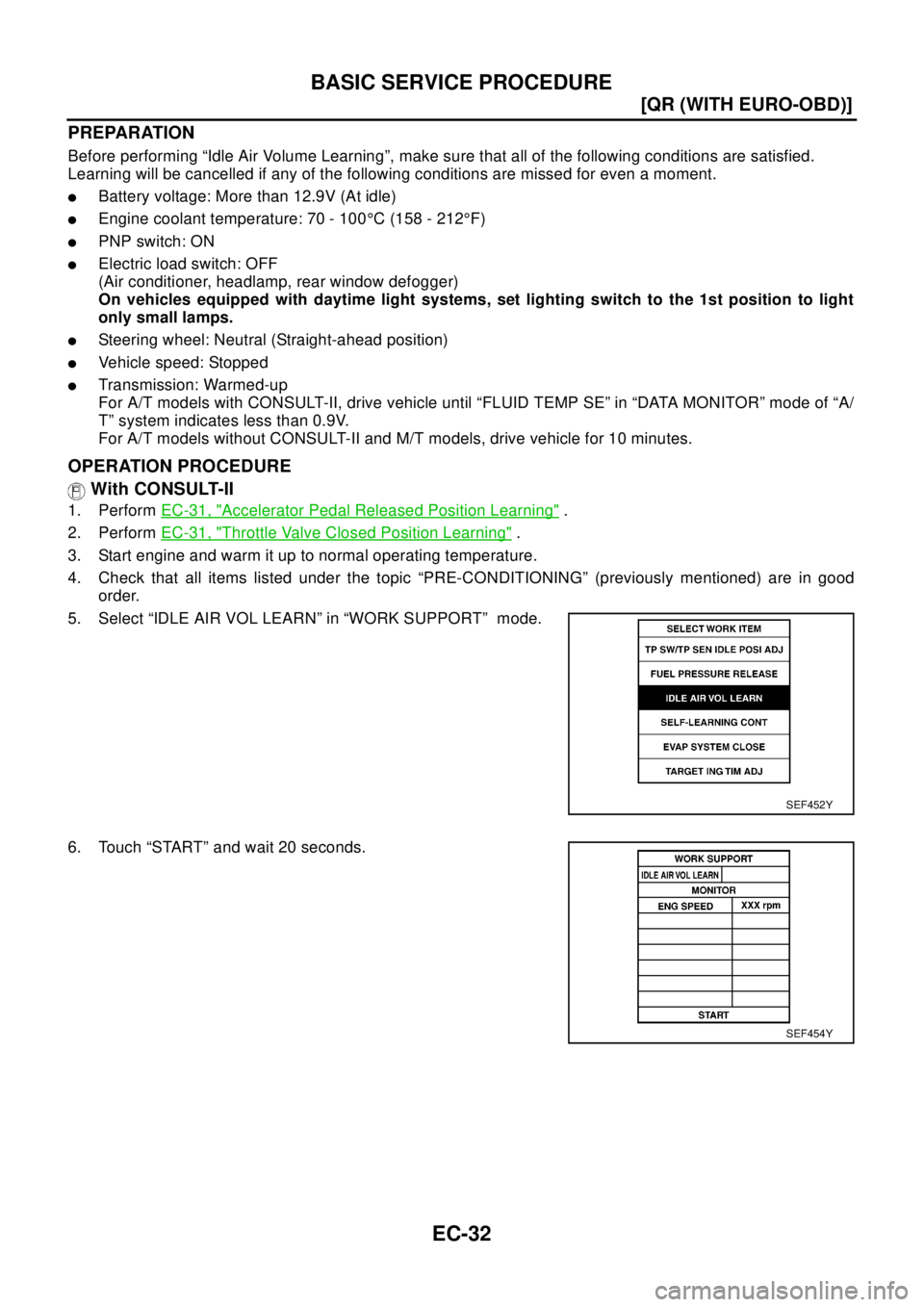 NISSAN X-TRAIL 2003  Electronic Repair Manual EC-32
[QR (WITH EURO-OBD)]
BASIC SERVICE PROCEDURE
PREPARATION
Before performing “Idle Air Volume Learning”, make sure that all of the following conditions are satisfied.
Learning will be cancelle