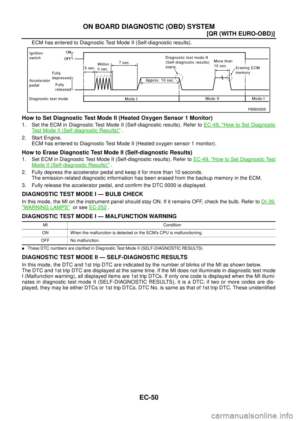 NISSAN X-TRAIL 2003  Electronic Repair Manual EC-50
[QR (WITH EURO-OBD)]
ON BOARD DIAGNOSTIC (OBD) SYSTEM
ECM has entered to Diagnostic Test Mode II (Self-diagnostic results).
How to Set Diagnostic Test Mode II (Heated Oxygen Sensor 1 Monitor)
1.