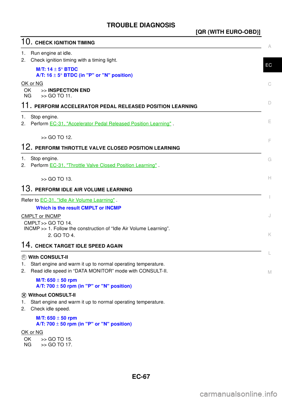NISSAN X-TRAIL 2003  Electronic Repair Manual TROUBLE DIAGNOSIS
EC-67
[QR (WITH EURO-OBD)]
C
D
E
F
G
H
I
J
K
L
MA
EC
10.CHECK IGNITION TIMING
1. Run engine at idle.
2. Check ignition timing with a timing light.
OK or NG
OK >>INSPECTION END
NG >> 