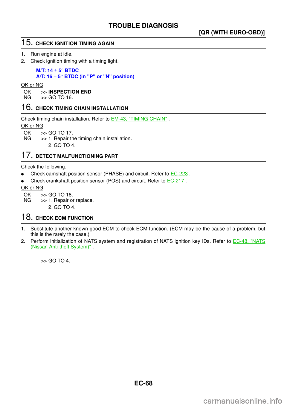 NISSAN X-TRAIL 2003  Electronic Repair Manual EC-68
[QR (WITH EURO-OBD)]
TROUBLE DIAGNOSIS
15.CHECK IGNITION TIMING AGAIN
1. Run engine at idle.
2. Check ignition timing with a timing light.
OK or NG
OK >>INSPECTION END
NG >> GO TO 16.
16.CHECK T