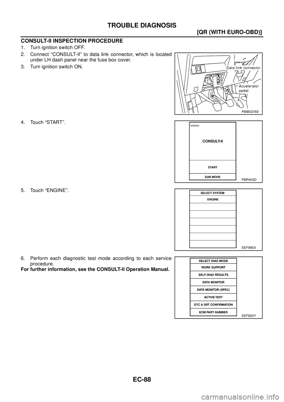 NISSAN X-TRAIL 2003  Electronic Repair Manual EC-88
[QR (WITH EURO-OBD)]
TROUBLE DIAGNOSIS
CONSULT-II INSPECTION PROCEDURE
1. Turn ignition switch OFF.
2. Connect “CONSULT-II” to data link connector, which is located
under LH dash panel near 