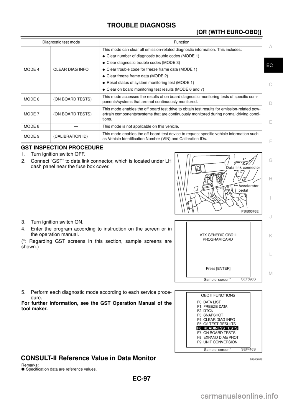 NISSAN X-TRAIL 2003  Electronic Repair Manual TROUBLE DIAGNOSIS
EC-97
[QR (WITH EURO-OBD)]
C
D
E
F
G
H
I
J
K
L
MA
EC
GST INSPECTION PROCEDURE
1. Turn ignition switch OFF.
2. Connect “GST” to data link connector, which is located under LH
dash