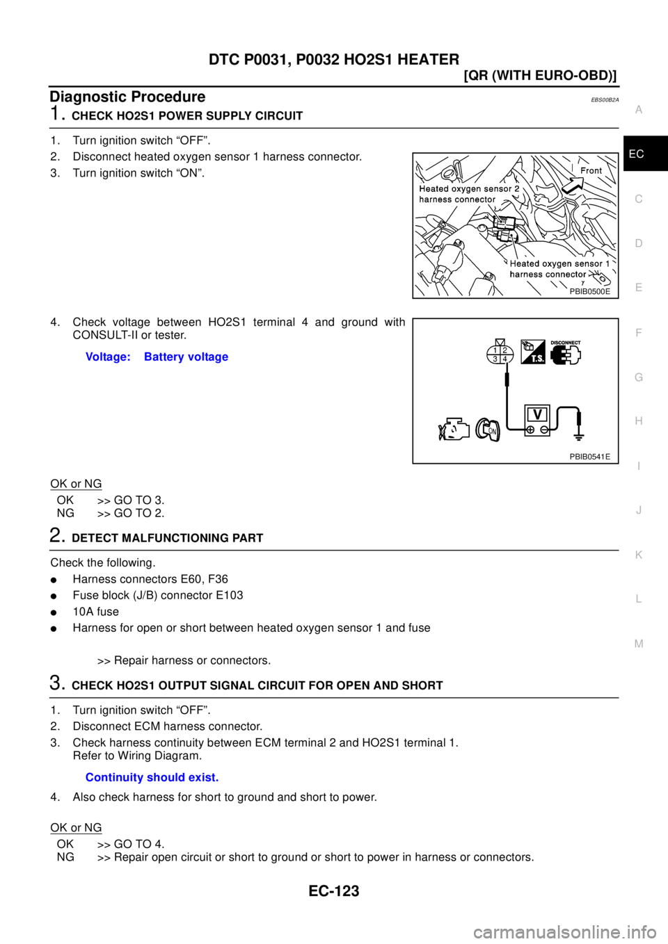 NISSAN X-TRAIL 2003  Electronic Repair Manual DTC P0031, P0032 HO2S1 HEATER
EC-123
[QR (WITH EURO-OBD)]
C
D
E
F
G
H
I
J
K
L
MA
EC
Diagnostic ProcedureEBS00B2A
1.CHECK HO2S1 POWER SUPPLY CIRCUIT
1. Turn ignition switch “OFF”.
2. Disconnect hea