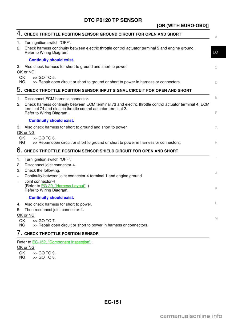 NISSAN X-TRAIL 2003  Electronic Repair Manual DTC P0120 TP SENSOR
EC-151
[QR (WITH EURO-OBD)]
C
D
E
F
G
H
I
J
K
L
MA
EC
4.CHECK THROTTLE POSITION SENSOR GROUND CIRCUIT FOR OPEN AND SHORT
1. Turn ignition switch “OFF”.
2. Check harness continu
