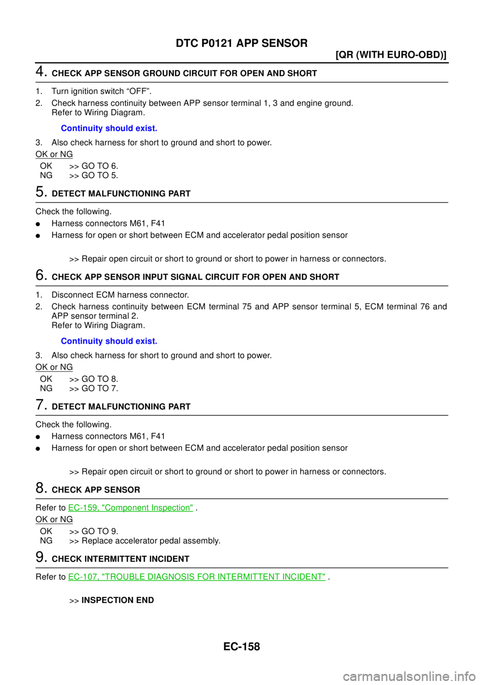 NISSAN X-TRAIL 2003  Electronic Repair Manual EC-158
[QR (WITH EURO-OBD)]
DTC P0121 APP SENSOR
4.CHECK APP SENSOR GROUND CIRCUIT FOR OPEN AND SHORT
1. Turn ignition switch “OFF”.
2. Check harness continuity between APP sensor terminal 1, 3 an