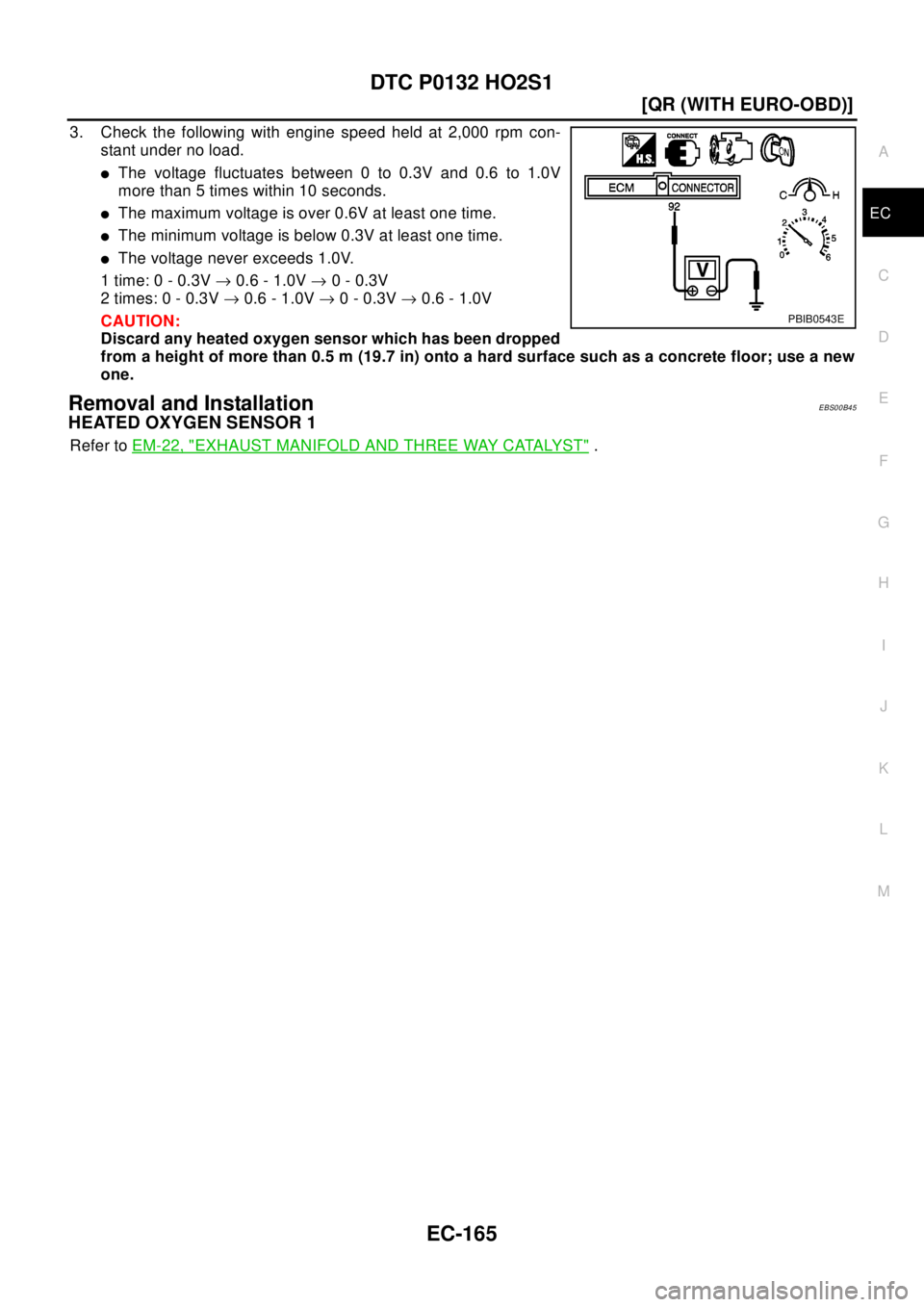 NISSAN X-TRAIL 2003  Electronic Repair Manual DTC P0132 HO2S1
EC-165
[QR (WITH EURO-OBD)]
C
D
E
F
G
H
I
J
K
L
MA
EC
3. Check the following with engine speed held at 2,000 rpm con-
stant under no load.
lThe voltage fluctuates between 0 to 0.3V and