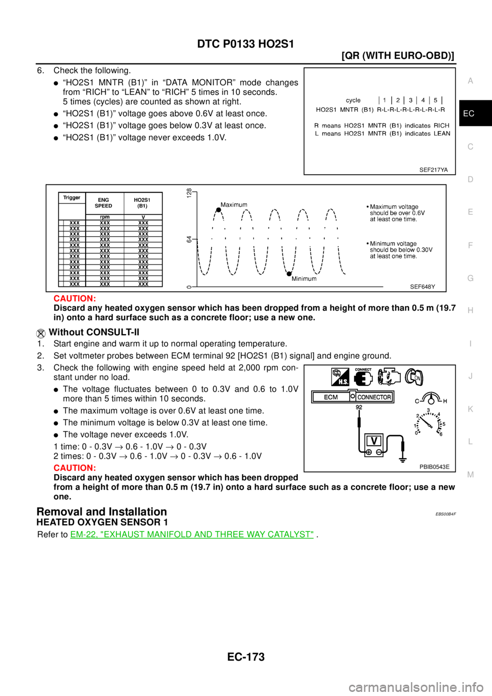 NISSAN X-TRAIL 2003  Electronic Repair Manual DTC P0133 HO2S1
EC-173
[QR (WITH EURO-OBD)]
C
D
E
F
G
H
I
J
K
L
MA
EC
6. Check the following.
l“HO2S1 MNTR (B1)” in “DATA MONITOR” mode changes
from “RICH” to “LEAN” to “RICH” 5 ti