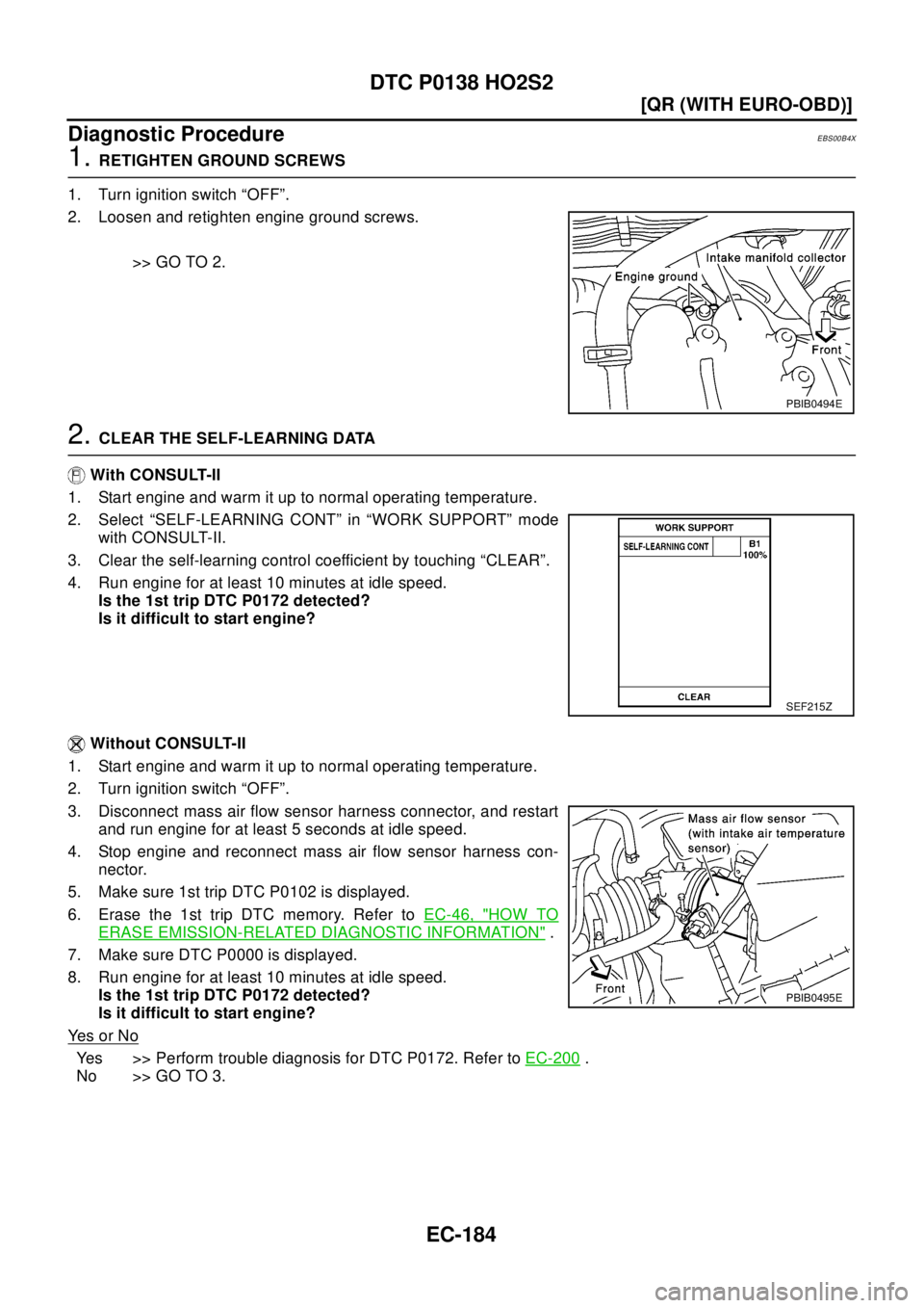 NISSAN X-TRAIL 2003  Electronic Repair Manual EC-184
[QR (WITH EURO-OBD)]
DTC P0138 HO2S2
Diagnostic Procedure
EBS00B4X
1.RETIGHTEN GROUND SCREWS
1. Turn ignition switch “OFF”.
2. Loosen and retighten engine ground screws.
>> GO TO 2.
2.CLEAR