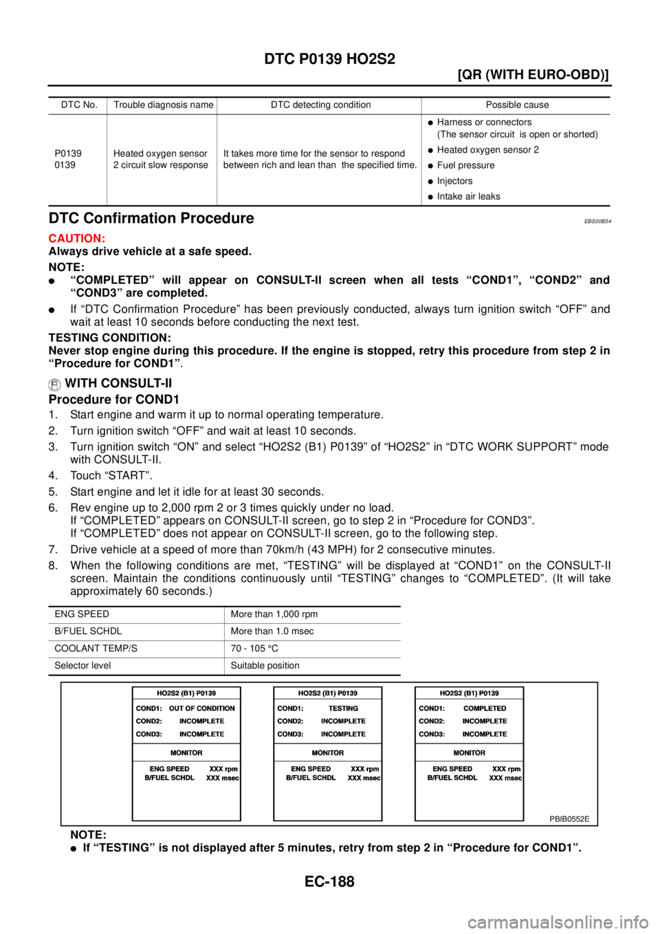 NISSAN X-TRAIL 2003  Electronic Repair Manual EC-188
[QR (WITH EURO-OBD)]
DTC P0139 HO2S2
DTC Confirmation Procedure
EBS00B54
CAUTION:
Always drive vehicle at a safe speed.
NOTE:
l“COMPLETED” will appear on CONSULT-II screen when all tests 