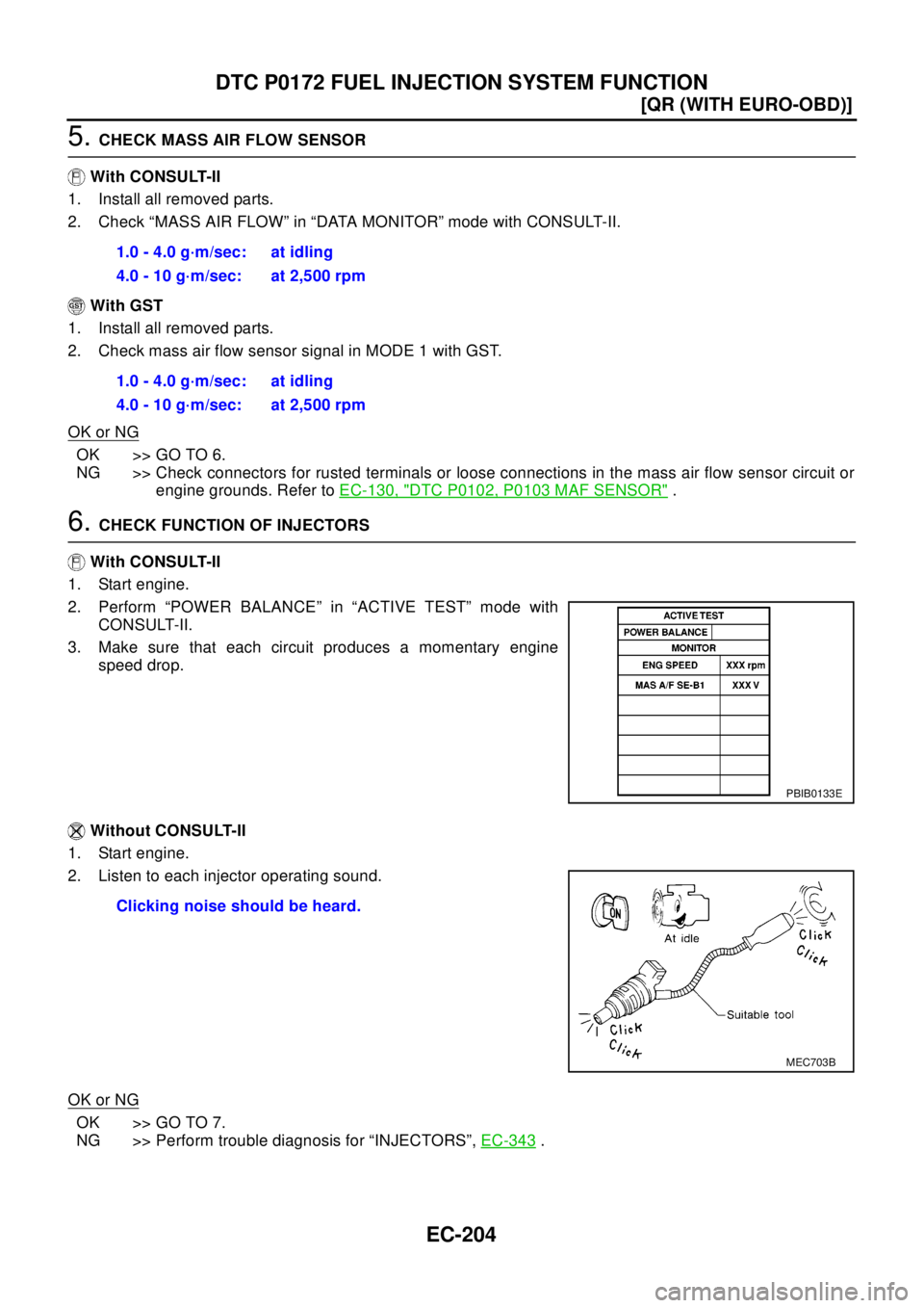 NISSAN X-TRAIL 2003  Electronic Repair Manual EC-204
[QR (WITH EURO-OBD)]
DTC P0172 FUEL INJECTION SYSTEM FUNCTION
5.CHECK MASS AIR FLOW SENSOR
With CONSULT-II
1. Install all removed parts.
2. Check “MASS AIR FLOW” in “DATA MONITOR” mode 