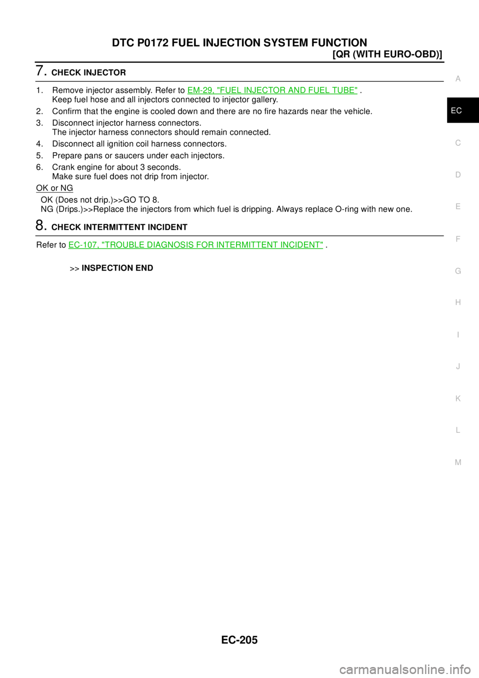 NISSAN X-TRAIL 2003  Electronic Repair Manual DTC P0172 FUEL INJECTION SYSTEM FUNCTION
EC-205
[QR (WITH EURO-OBD)]
C
D
E
F
G
H
I
J
K
L
MA
EC
7.CHECK INJECTOR
1. Remove injector assembly. Refer toEM-29, "
FUEL INJECTOR AND FUEL TUBE".
Keep fuel ho