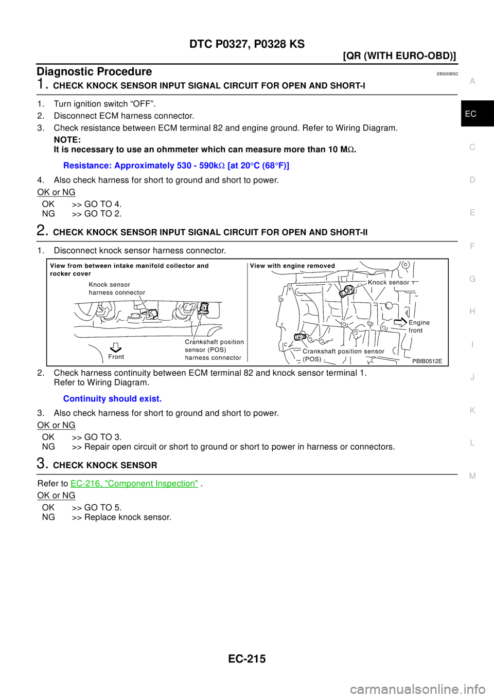 NISSAN X-TRAIL 2003  Electronic Repair Manual DTC P0327, P0328 KS
EC-215
[QR (WITH EURO-OBD)]
C
D
E
F
G
H
I
J
K
L
MA
EC
Diagnostic ProcedureEBS00B5Q
1.CHECK KNOCK SENSOR INPUT SIGNAL CIRCUIT FOR OPEN AND SHORT-I
1. Turn ignition switch “OFF”.