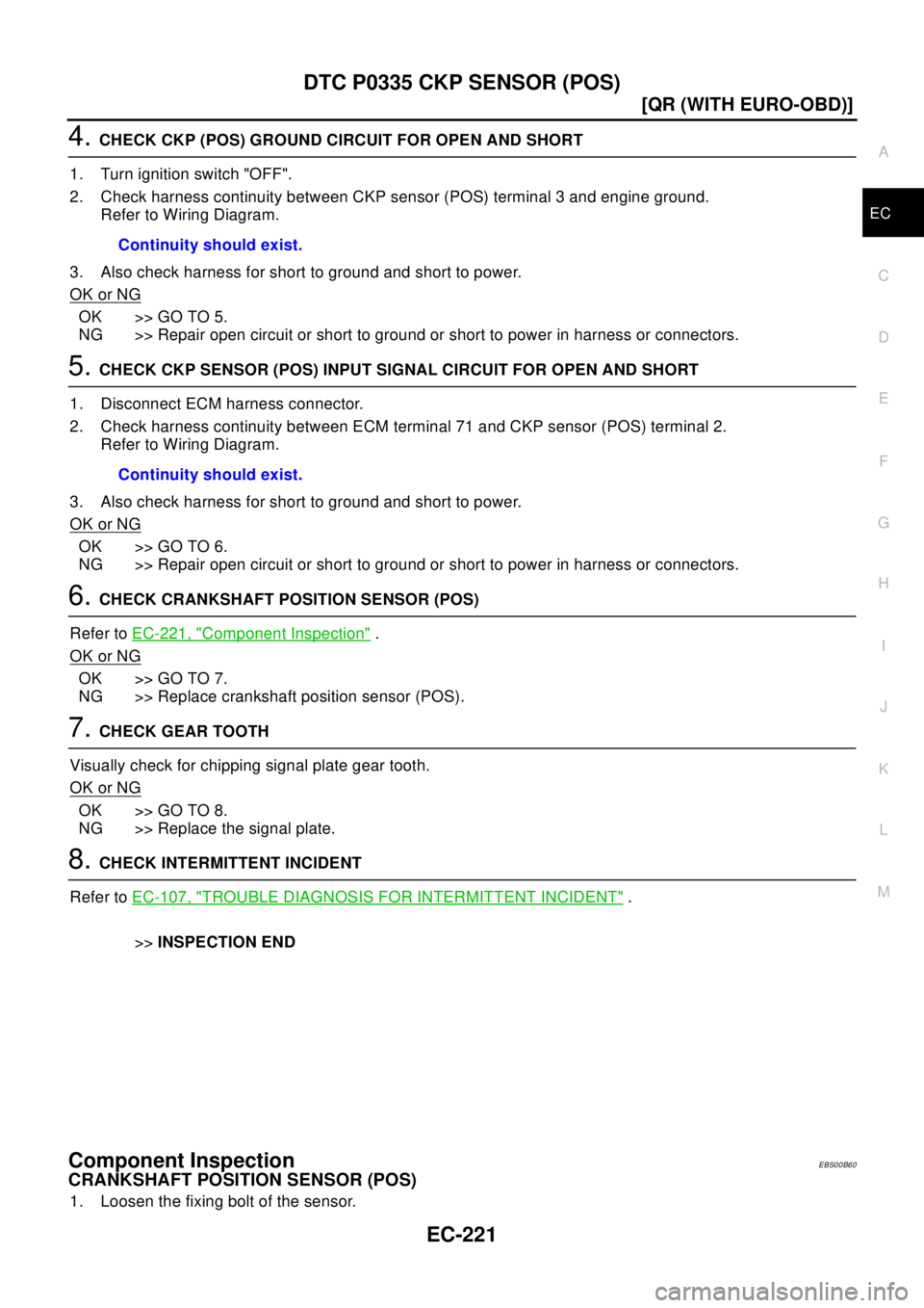NISSAN X-TRAIL 2003  Electronic Repair Manual DTC P0335 CKP SENSOR (POS)
EC-221
[QR (WITH EURO-OBD)]
C
D
E
F
G
H
I
J
K
L
MA
EC
4.CHECK CKP (POS) GROUND CIRCUIT FOR OPEN AND SHORT
1. Turn ignition switch "OFF".
2. Check harness continuity between 