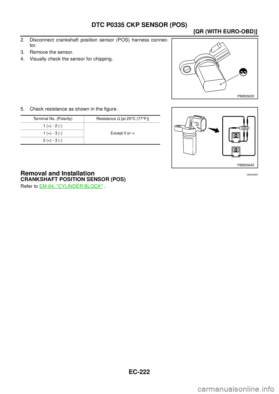NISSAN X-TRAIL 2003  Electronic Repair Manual EC-222
[QR (WITH EURO-OBD)]
DTC P0335 CKP SENSOR (POS)
2. Disconnect crankshaft position sensor (POS) harness connec-
tor.
3. Remove the sensor.
4. Visually check the sensor for chipping.
5. Check res