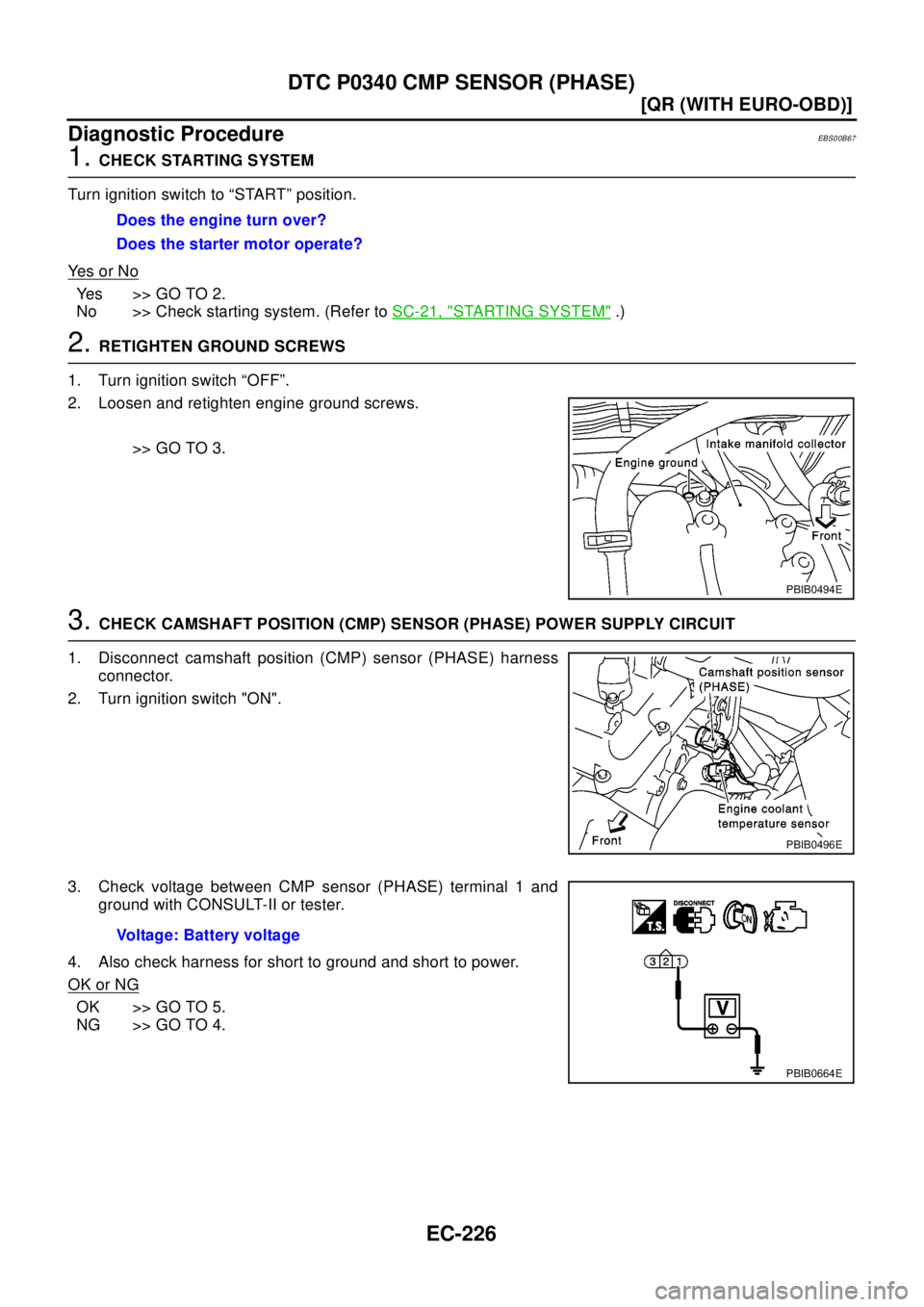 NISSAN X-TRAIL 2003  Electronic Repair Manual EC-226
[QR (WITH EURO-OBD)]
DTC P0340 CMP SENSOR (PHASE)
Diagnostic Procedure
EBS00B67
1.CHECK STARTING SYSTEM
Turn ignition switch to “START” position.
Ye s o r N o
Yes >>GOTO2.
No >> Check start