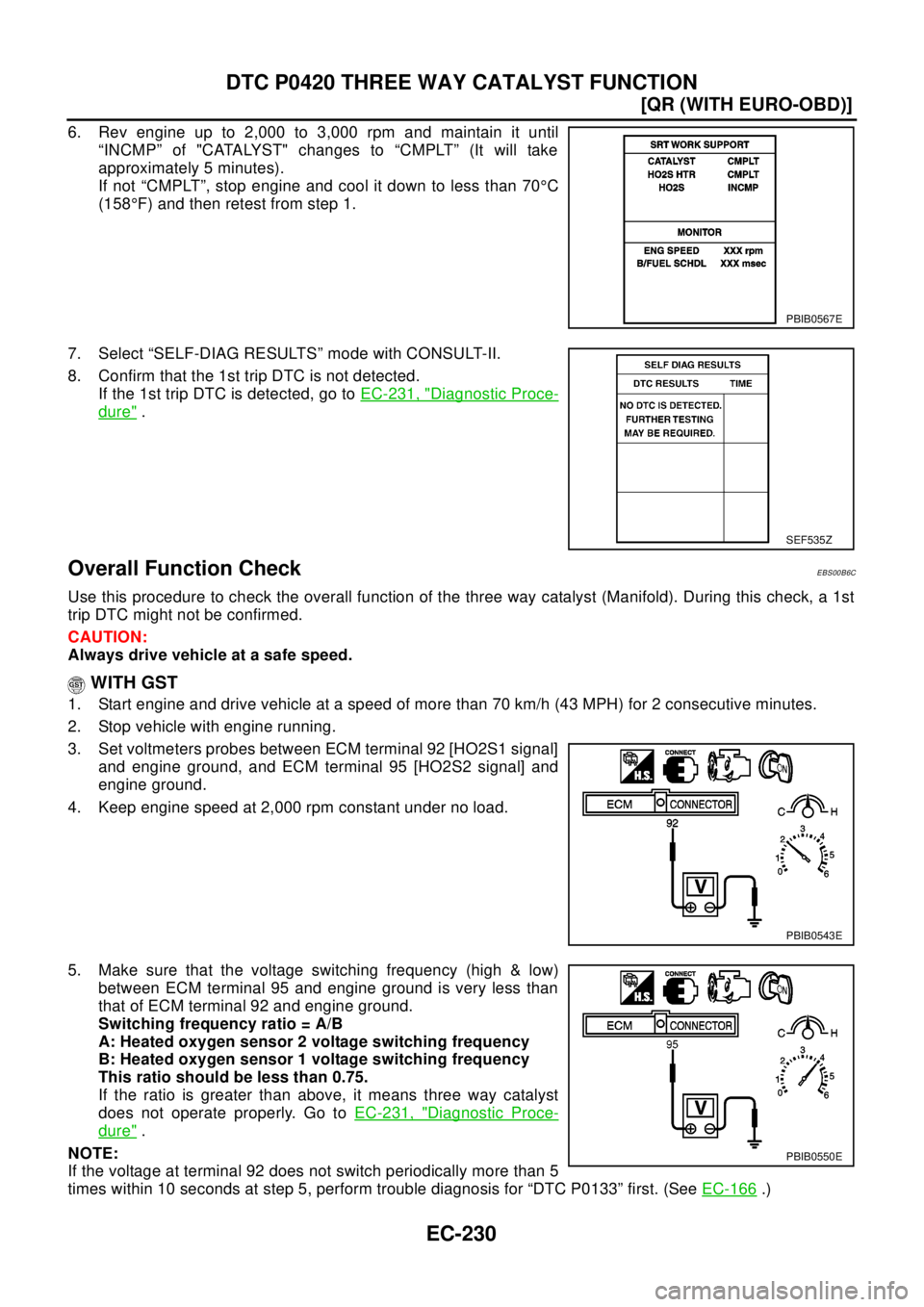 NISSAN X-TRAIL 2003  Electronic Repair Manual EC-230
[QR (WITH EURO-OBD)]
DTC P0420 THREE WAY CATALYST FUNCTION
6. Rev engine up to 2,000 to 3,000 rpm and maintain it until
“INCMP” of "CATALYST" changes to “CMPLT” (It will take
approximat
