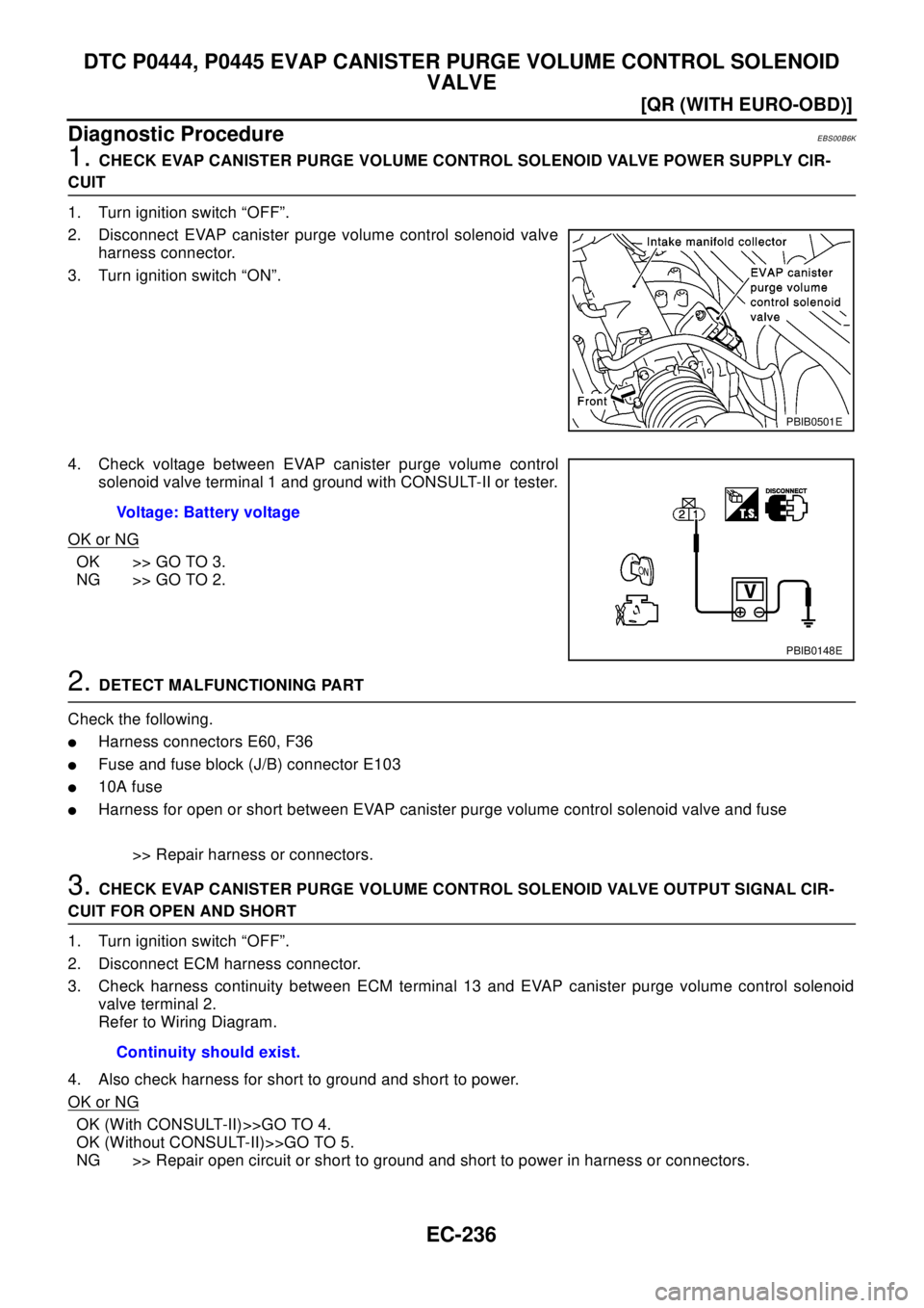 NISSAN X-TRAIL 2003  Electronic Repair Manual EC-236
[QR (WITH EURO-OBD)]
DTC P0444, P0445 EVAP CANISTER PURGE VOLUME CONTROL SOLENOID
VALVE
Diagnostic Procedure
EBS00B6K
1.CHECK EVAP CANISTER PURGE VOLUME CONTROL SOLENOID VALVE POWER SUPPLY CIR-