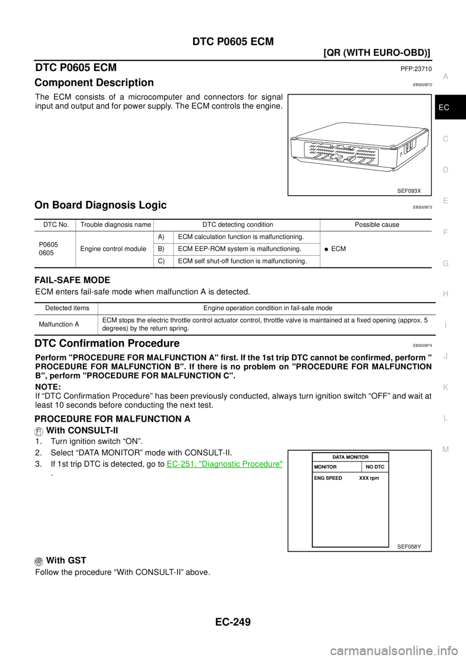 NISSAN X-TRAIL 2003  Electronic Repair Manual DTC P0605 ECM
EC-249
[QR (WITH EURO-OBD)]
C
D
E
F
G
H
I
J
K
L
MA
EC
DTC P0605 ECMPFP:23710
Component DescriptionEBS00B72
The ECM consists of a microcomputer and connectors for signal
input and output 