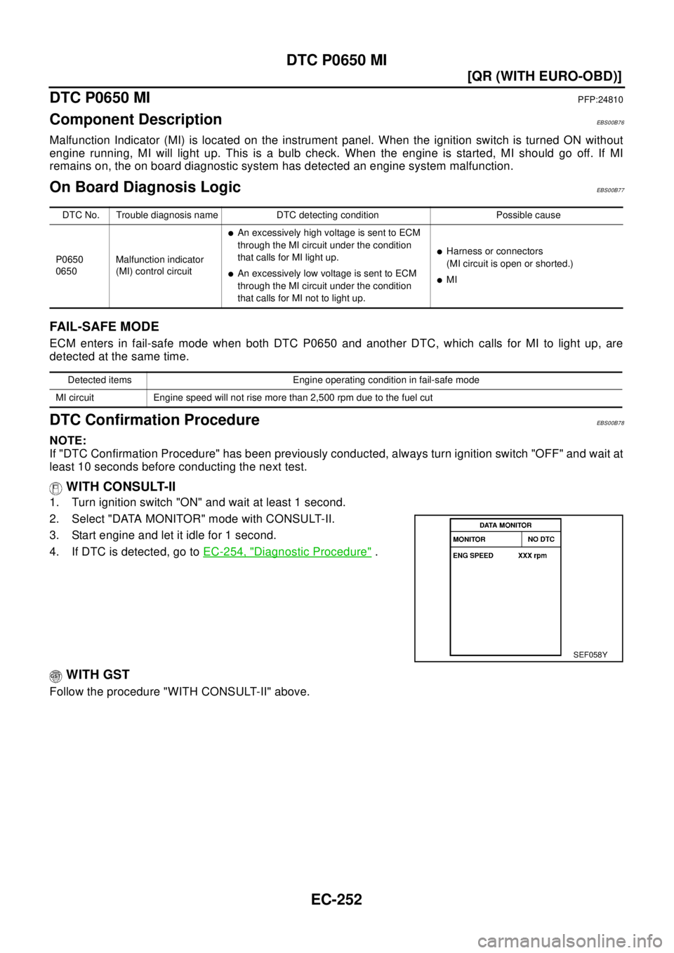 NISSAN X-TRAIL 2003  Electronic Repair Manual EC-252
[QR (WITH EURO-OBD)]
DTC P0650 MI
DTC P0650 MI
PFP:24810
Component DescriptionEBS00B76
Malfunction Indicator (MI) is located on the instrument panel. When the ignition switch is turned ON witho