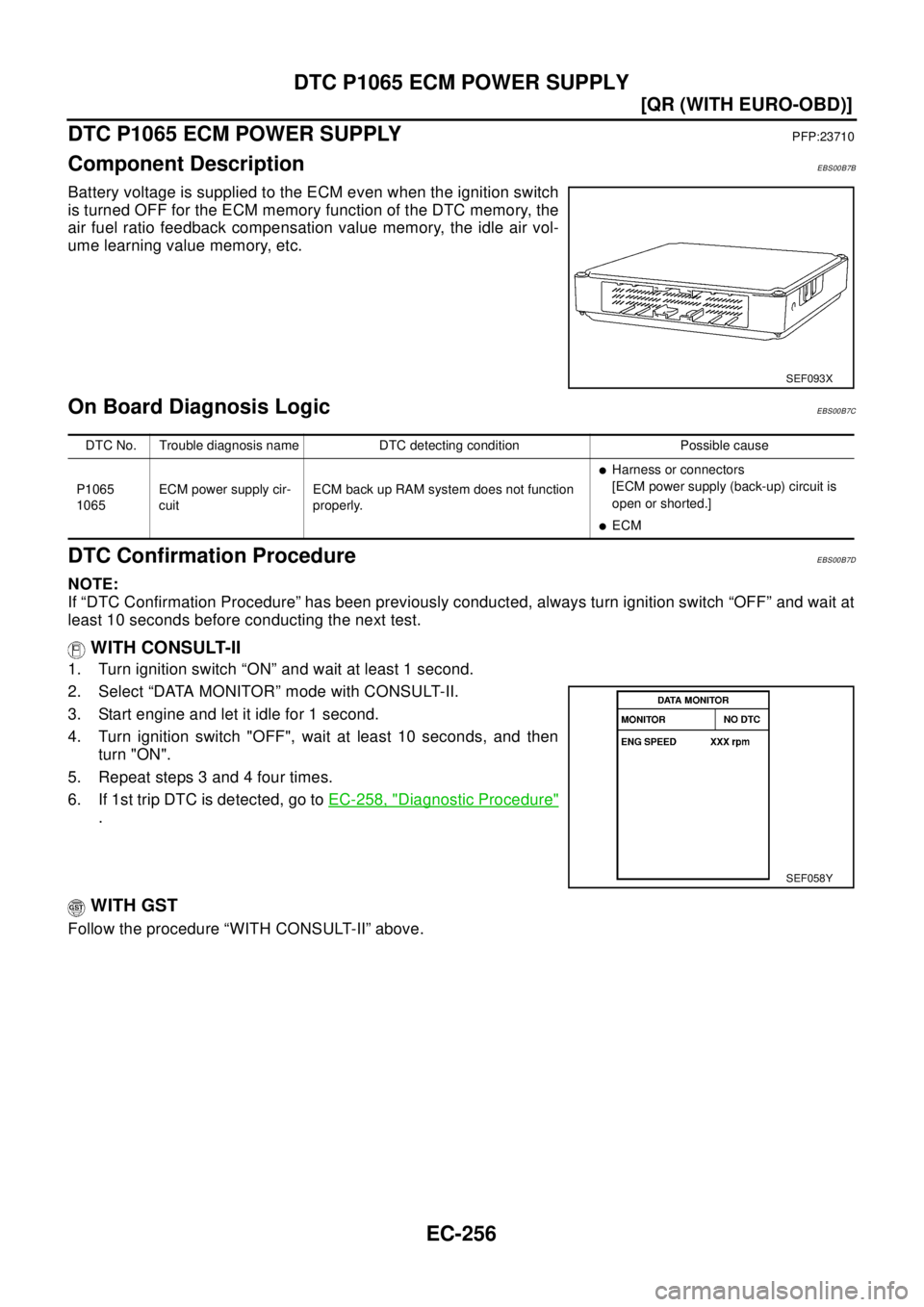 NISSAN X-TRAIL 2003  Electronic Repair Manual EC-256
[QR (WITH EURO-OBD)]
DTC P1065 ECM POWER SUPPLY
DTC P1065 ECM POWER SUPPLY
PFP:23710
Component DescriptionEBS00B7B
Battery voltage is supplied to the ECM even when the ignition switch
is turned