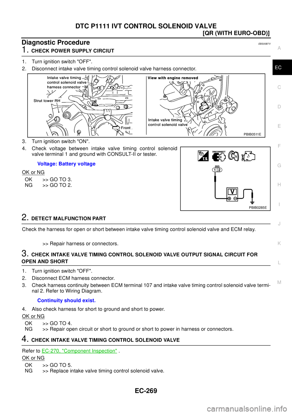 NISSAN X-TRAIL 2003  Electronic Repair Manual DTC P1111 IVT CONTROL SOLENOID VALVE
EC-269
[QR (WITH EURO-OBD)]
C
D
E
F
G
H
I
J
K
L
MA
EC
Diagnostic ProcedureEBS00B7V
1.CHECK POWER SUPPLY CIRCIUT
1. Turn ignition switch "OFF".
2. Disconnect intake