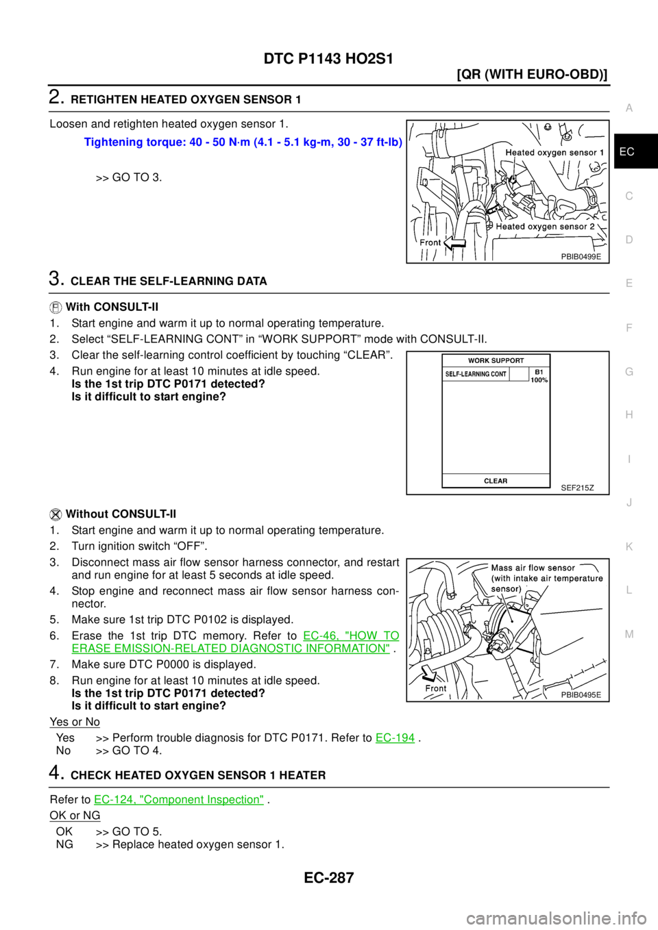NISSAN X-TRAIL 2003  Electronic Repair Manual DTC P1143 HO2S1
EC-287
[QR (WITH EURO-OBD)]
C
D
E
F
G
H
I
J
K
L
MA
EC
2.RETIGHTEN HEATED OXYGEN SENSOR 1
Loosen and retighten heated oxygen sensor 1.
>> GO TO 3.
3.CLEAR THE SELF-LEARNING DATA
With CO