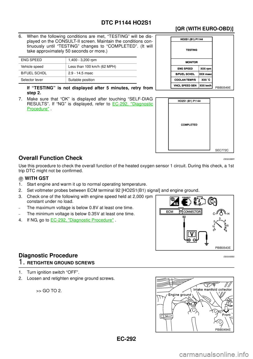 NISSAN X-TRAIL 2003  Electronic Repair Manual EC-292
[QR (WITH EURO-OBD)]
DTC P1144 HO2S1
6. When the following conditions are met, “TESTING” will be dis-
played on the CONSULT-II screen. Maintain the conditions con-
tinuously until “TESTIN
