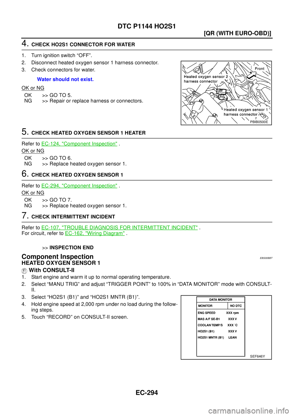 NISSAN X-TRAIL 2003  Electronic Repair Manual EC-294
[QR (WITH EURO-OBD)]
DTC P1144 HO2S1
4.CHECK HO2S1 CONNECTOR FOR WATER
1. Turn ignition switch “OFF”.
2. Disconnect heated oxygen sensor 1 harness connector.
3. Check connectors for water.
