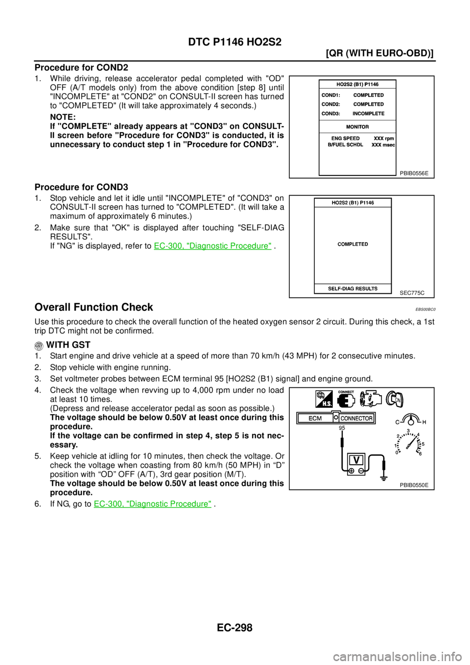 NISSAN X-TRAIL 2003  Electronic Repair Manual EC-298
[QR (WITH EURO-OBD)]
DTC P1146 HO2S2
Procedure for COND2
1. While driving, release accelerator pedal completed with "OD"
OFF (A/T models only) from the above condition [step 8] until
"INCOMPLET