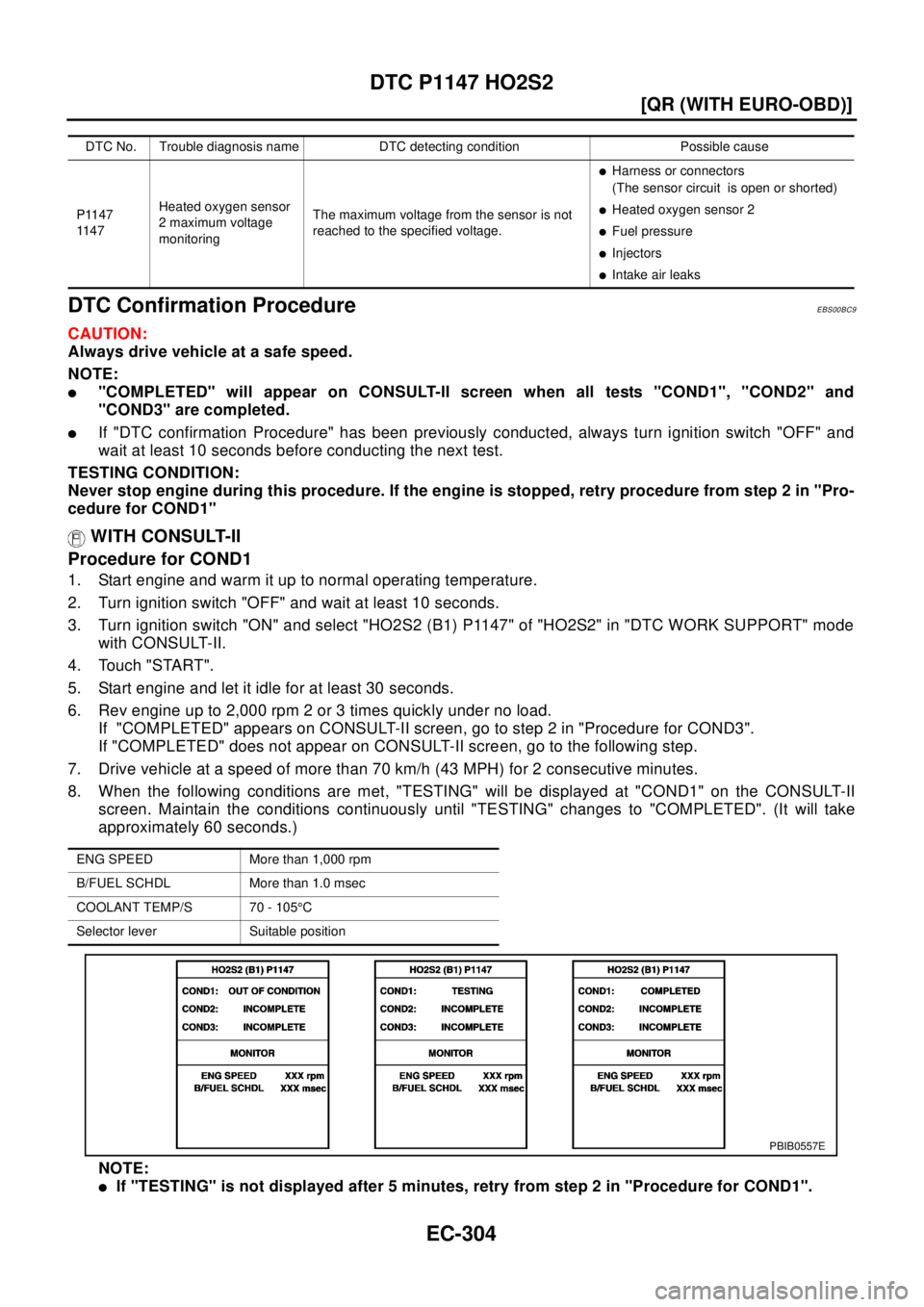 NISSAN X-TRAIL 2003  Electronic Repair Manual EC-304
[QR (WITH EURO-OBD)]
DTC P1147 HO2S2
DTC Confirmation Procedure
EBS00BC9
CAUTION:
Always drive vehicle at a safe speed.
NOTE:
l"COMPLETED" will appear on CONSULT-II screen when all tests "COND1