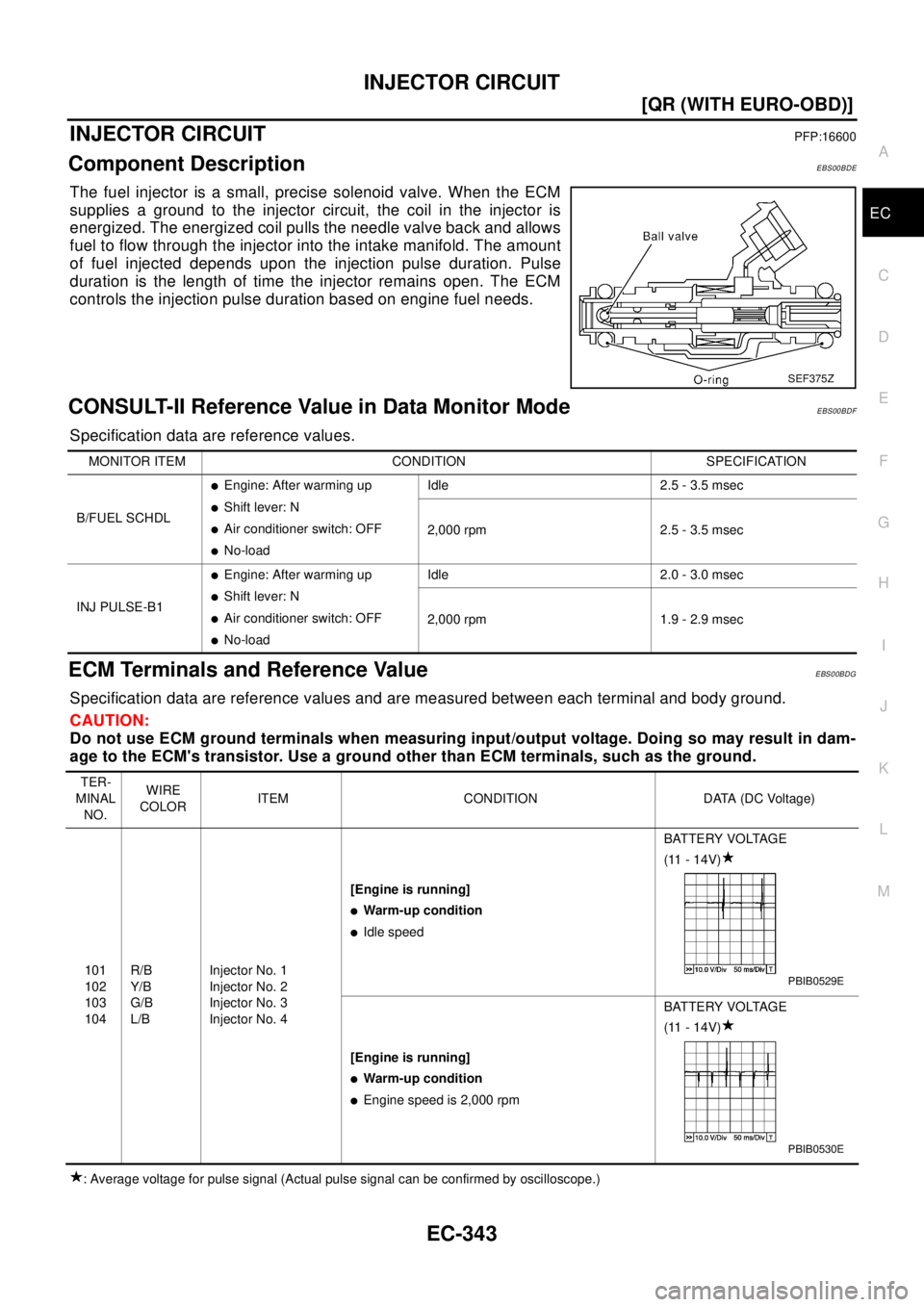 NISSAN X-TRAIL 2003  Electronic Repair Manual INJECTOR CIRCUIT
EC-343
[QR (WITH EURO-OBD)]
C
D
E
F
G
H
I
J
K
L
MA
EC
INJECTOR CIRCUITPFP:16600
Component DescriptionEBS00BDE
The fuel injector is a small, precise solenoid valve. When the ECM
suppli