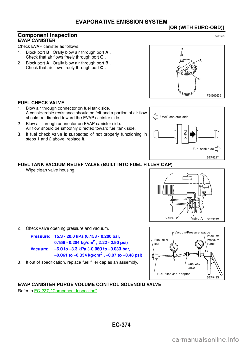 NISSAN X-TRAIL 2003  Electronic Repair Manual EC-374
[QR (WITH EURO-OBD)]
EVAPORATIVE EMISSION SYSTEM
Component Inspection
EBS00BE3
EVAP CANISTER
Check EVAP canister as follows:
1. Block portB. Orally blow air through portA.
Check that air flows 