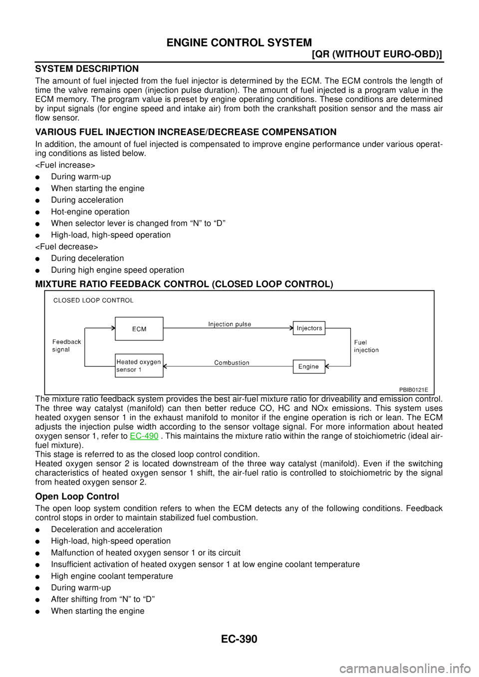 NISSAN X-TRAIL 2003  Electronic Repair Manual EC-390
[QR (WITHOUT EURO-OBD)]
ENGINE CONTROL SYSTEM
SYSTEM DESCRIPTION
The amount of fuel injected from the fuel injector is determined by the ECM. The ECM controls the length of
time the valve remai