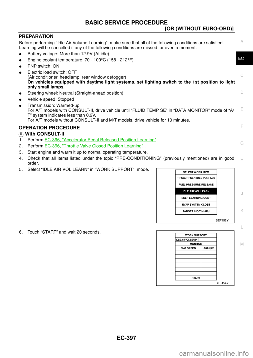 NISSAN X-TRAIL 2003  Electronic Repair Manual BASIC SERVICE PROCEDURE
EC-397
[QR (WITHOUT EURO-OBD)]
C
D
E
F
G
H
I
J
K
L
MA
EC
PREPARATION
Before performing “Idle Air Volume Learning”, make sure that all of the following conditions are satisf