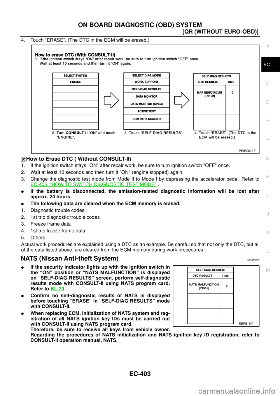 NISSAN X-TRAIL 2003  Electronic Repair Manual ON BOARD DIAGNOSTIC (OBD) SYSTEM
EC-403
[QR (WITHOUT EURO-OBD)]
C
D
E
F
G
H
I
J
K
L
MA
EC
4. Touch “ERASE”. (The DTC in the ECM will be erased.)
How to Erase DTC ( Without CONSULT-II)
1. If the ig